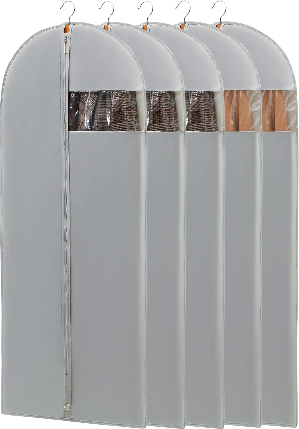 Dress Bags for Gowns, 65'' Long Garment Bags for Hanging Clothes, Dress Garment Bag, Grey Dress Cover with Clear Window for Dresses, Coats, Uniforms - 5 Pack