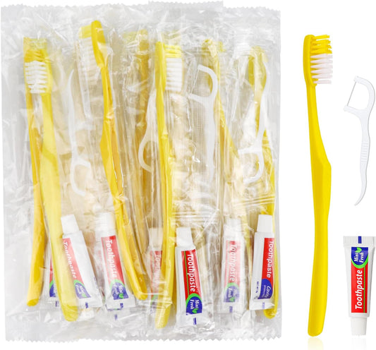 15pcs Disposable Toothbrushes with Toothpaste and Floss,Yellow Bulk Single Use Toothbrush Floss Pick Individually Wrapped Disposable Travel Toothbrushes Kit for Homeless,Airbnb,Hotel,Guest