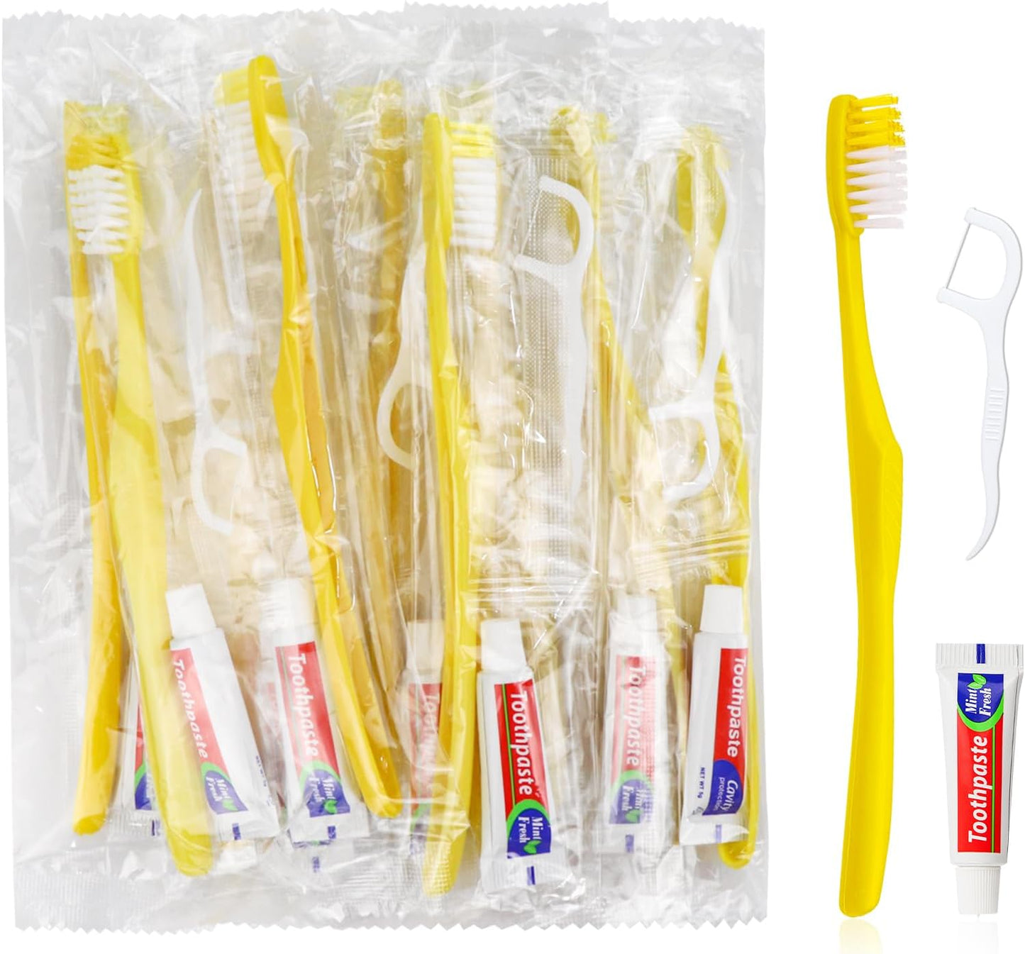 30pcs Disposable Toothbrushes with Toothpaste and Floss,Yellow Bulk Single Use Toothbrush Floss Pick Individually Wrapped Disposable Travel Toothbrushes Kit for Homeless,Airbnb,Hotel,Guest