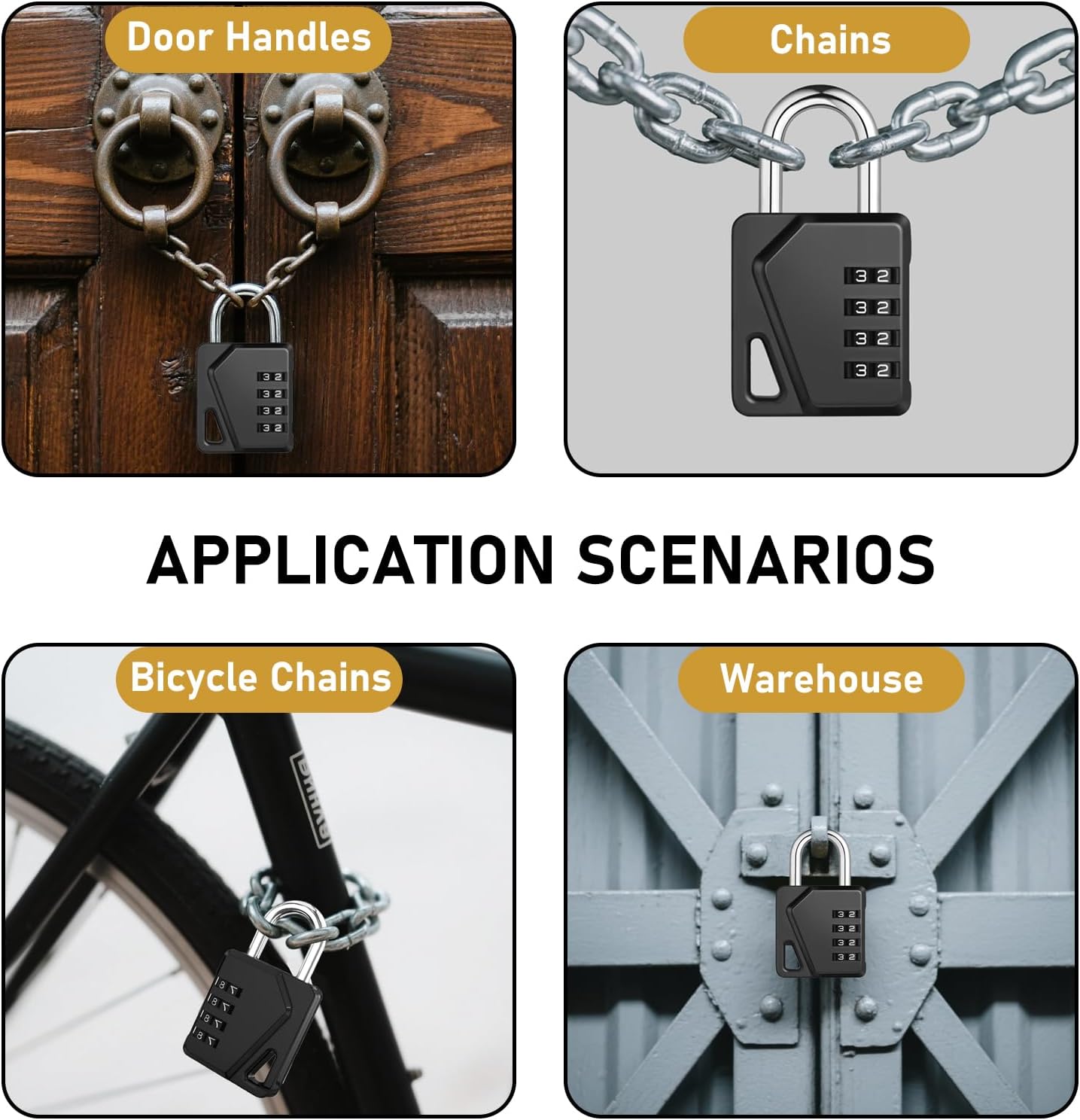 LAFENLIN 4 Pack Combination Locks, Locker Locks with Writable Tag, 4 Digit Padlock for Cases, Gym, Backpack, Backyard Gate, Fence, Hasp, Indoor, Outdoor Gate Lock, Weatherproof (Black - NO Key)