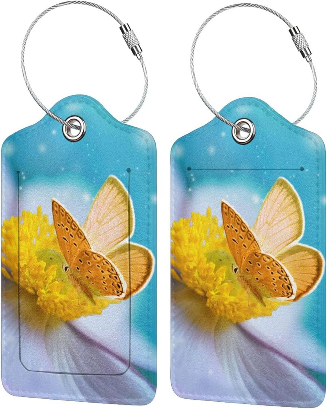 2 Pack Beautiful Sky Blue Luggage Tags for Suitcases, Pretty Yellow Butterfly on White Flower Pattern Unique Leather Suitcase Tags Identifiers with Privacy Name Address Labels for Women Girls Travel