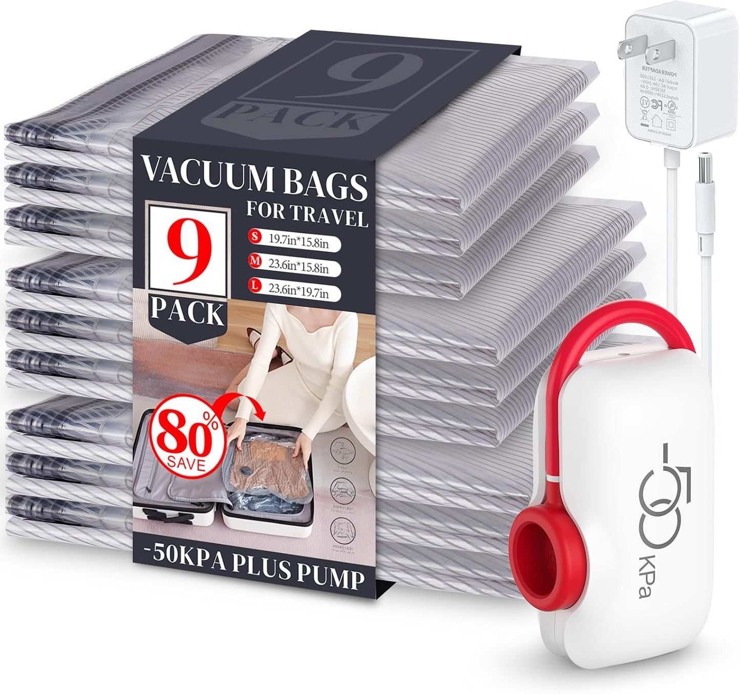 VMstr 9 Pack Vacuum Storage Bags for Travel, Carry-on Size Space Saver Bags for Luggage Clothes and Clothing Compression Packing, High Pressure Electric Pump(D/C Power)