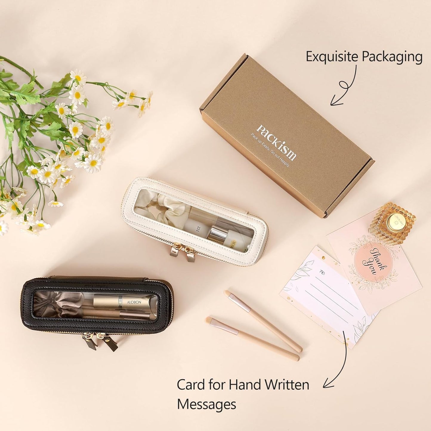 PACKISM Slim Clear Makeup Brush Bag, Pebbled Texture & Hard PU Leather Small Cosmetic Brush Holder, Mini Toiletry Bag Make up Bags with Message Card, Cute Travel Essentials Bag (Black)