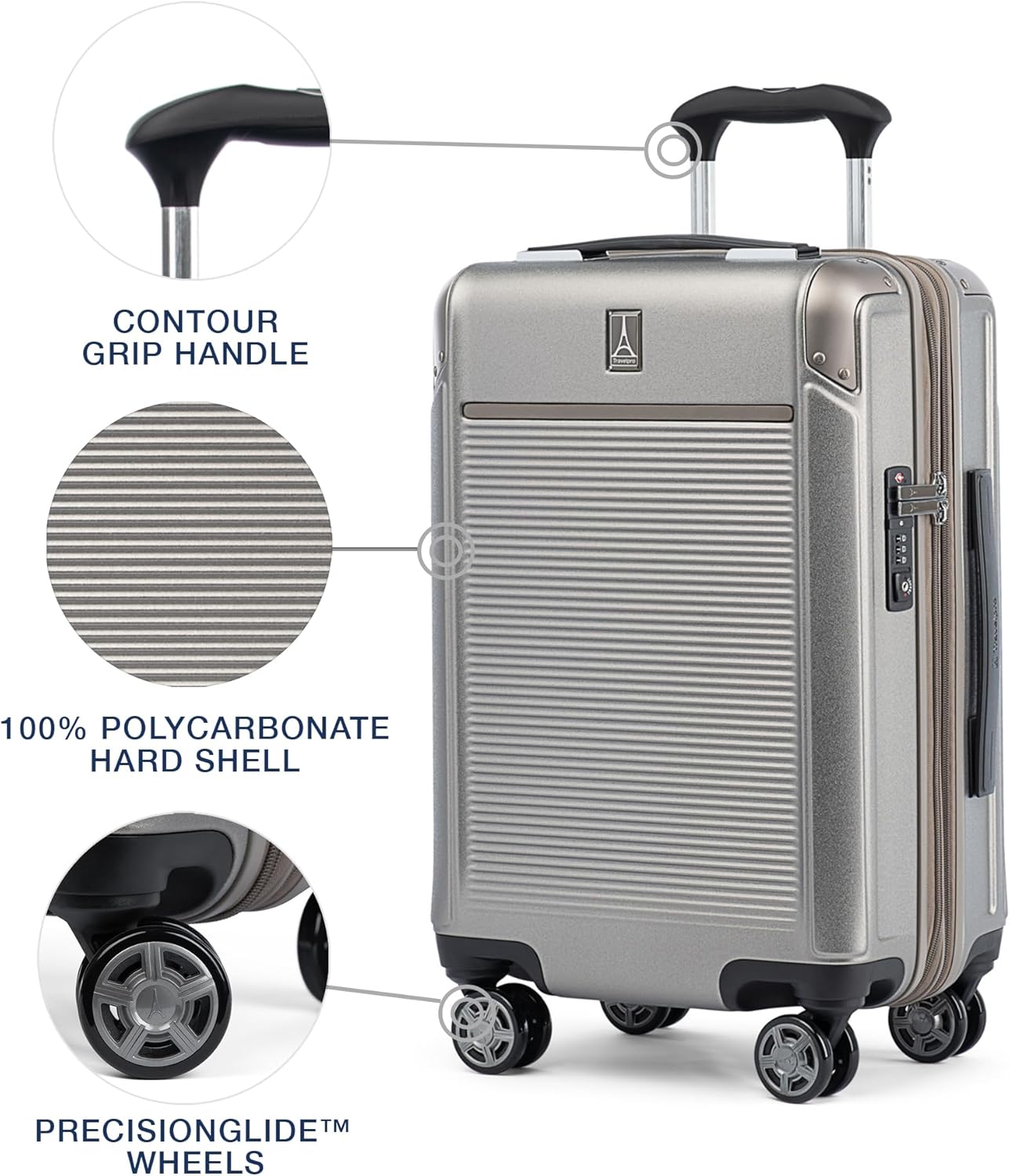 Travelpro Platinum Elite Hardside Expandable Carry on Luggage, 8 Wheel Spinner, TSA Lock, Hard Shell Polycarbonate Suitcase, Metallic Sand, Carry on 21-Inch