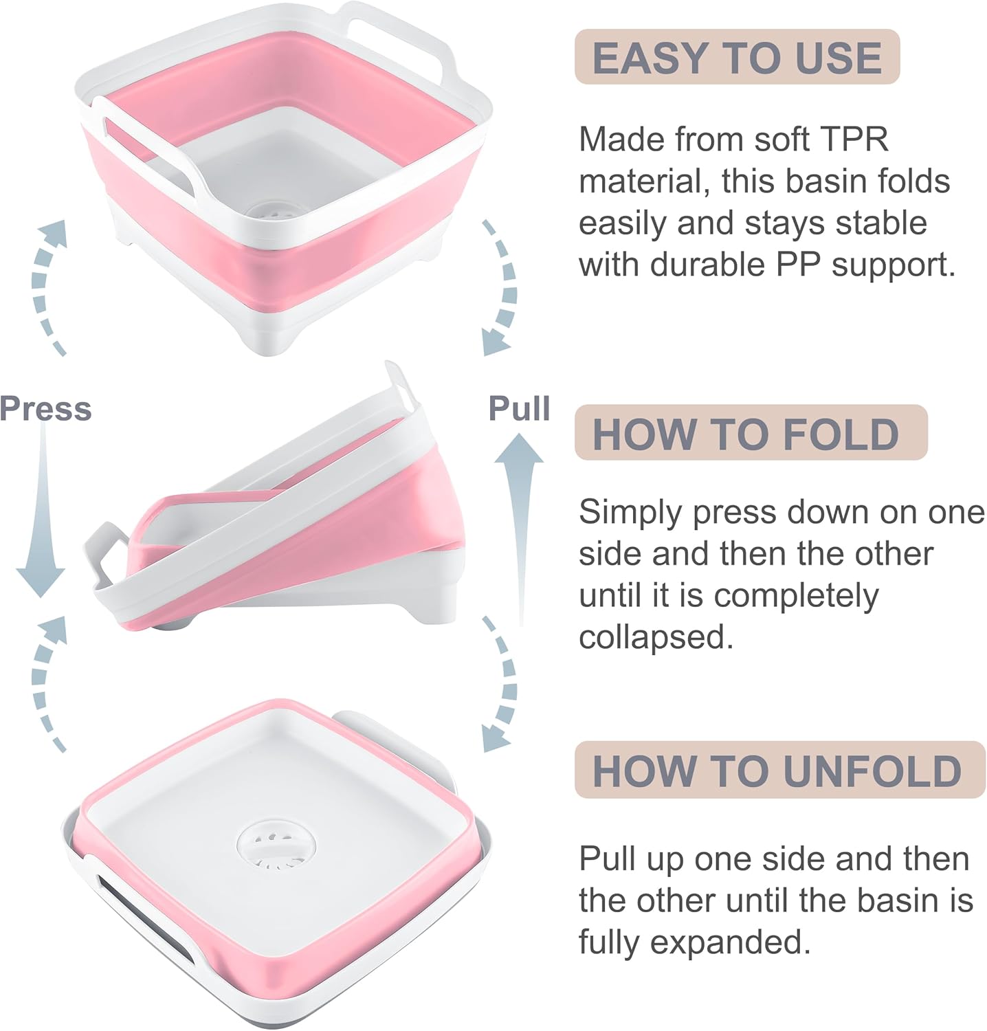 2.4 Gal(9L) Collapsible Dish Basin with Drain Plug - Multiuse Foldable Wash Basin for Baby Bottles, Space-Saving Multiuse Dish Tub, Kitchen Sink for Camping, Dishes Washing, RV (Pink)