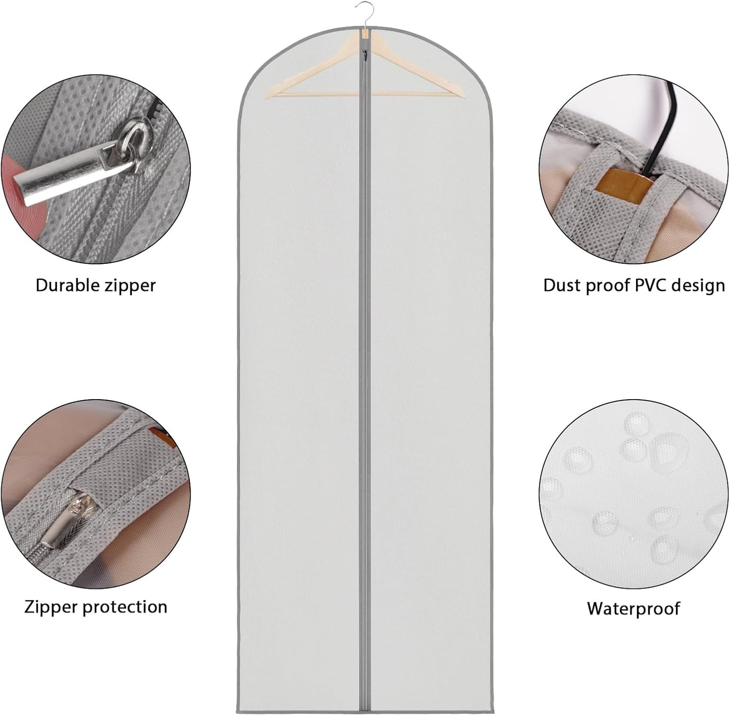 Zilink 3 Pack 65" Long Clear Dress Bags for Gowns, Coats, Jackets - Gray, Breathable, Zipper Closure