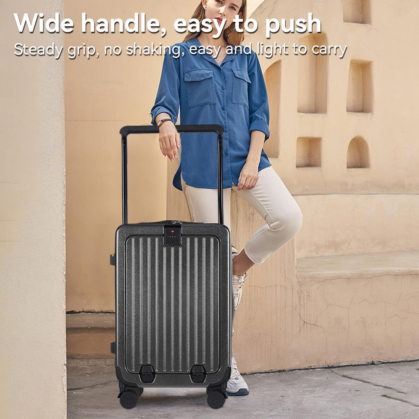 SOKOK Front Pocket Luggage with Spinner Wheels, 24'' Wide Handle Travel Suitcase PC Hardshell Multifunctional Luggage with Charging Port and Cup Holder, Graphite