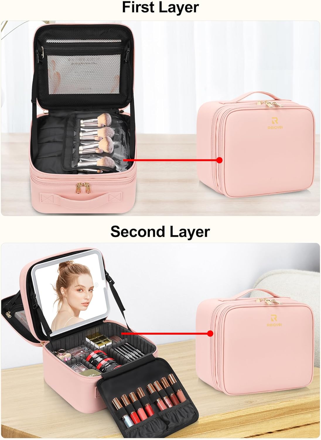 Travel Makeup Bag with LED Mirror Double Layer Makeup Case with Lighted Mirror Dual Layer Cosmetic Train Case Portable Artist Organizer Bag with Dividers and Rechargeable Vanity (Pink, Small)
