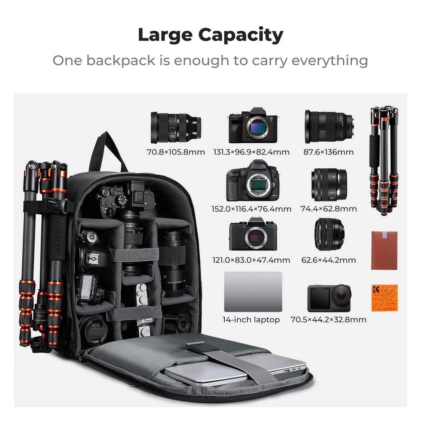 K&F CONCEPT Camera Backpack Bag, Professional DSLR/SLR/Mirrorless Camera Bag with Tripod Holder & Rain Cover, Waterproof Photography Camera Case Compatible with Canon/Sony/Nikon/FUJIFILM
