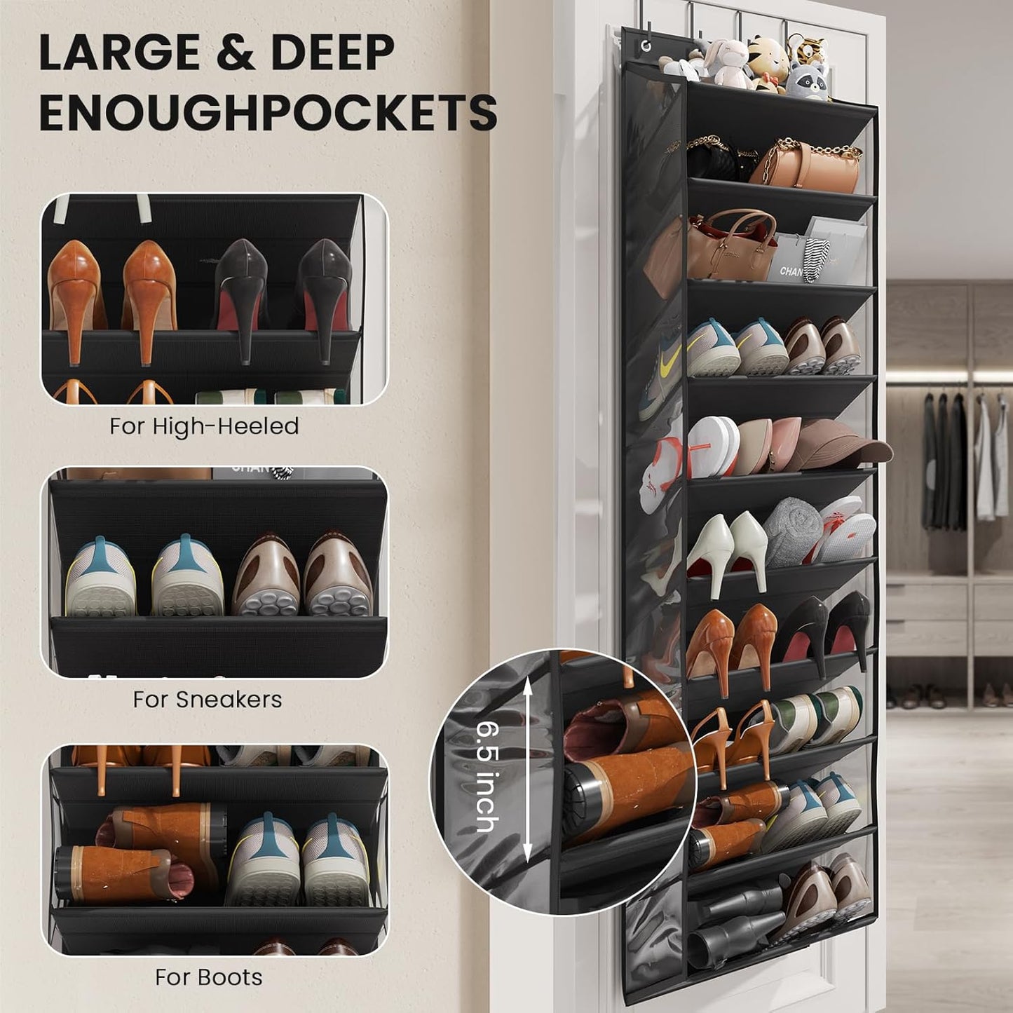Over the Door Shoe Organizer for Closet, Shoes Rack with 10 Tier PVC Window Deep Pockets, Hanging Shoe Organizers for Boot Storage, Behind the Door Narrow Shoe Holder for Small Shoes, Black