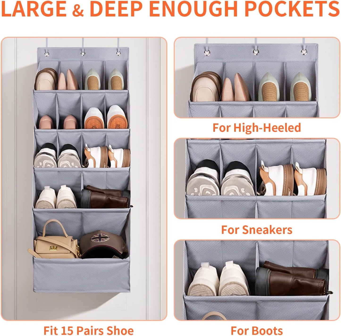 FENTEC 1 Pack Over-the-Door-Shoe-Organizers, Hanging Shoe Organizers with Large Pocket Shoe Holder Hanging Shoe Rack for Closet Shoe Organizer for Wall, Over Door Organizer with 15 Pockets Gray