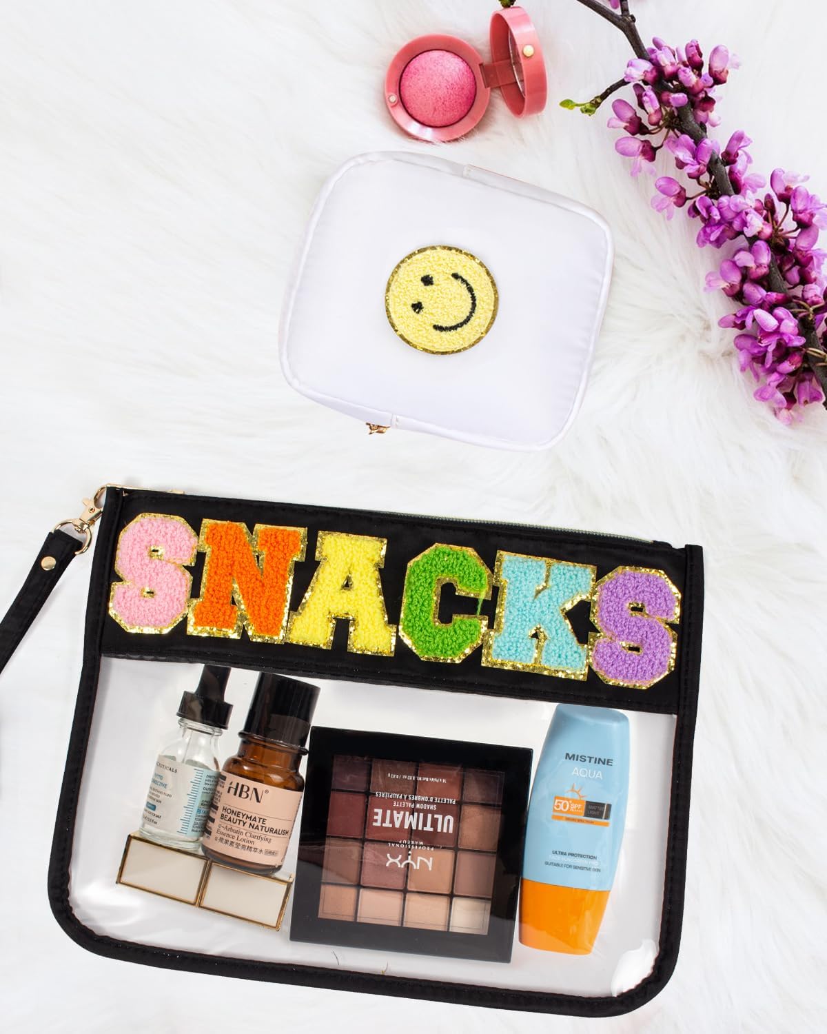 2 Pcs Snack Pouch Chenille Letter Clear Zipper Snack Bag, Nylon Snack Pouch for Travel Clear Makeup Bag Small Cosmetic Bag for Purse Snack Bags for School Waterproof Toiletry Bag