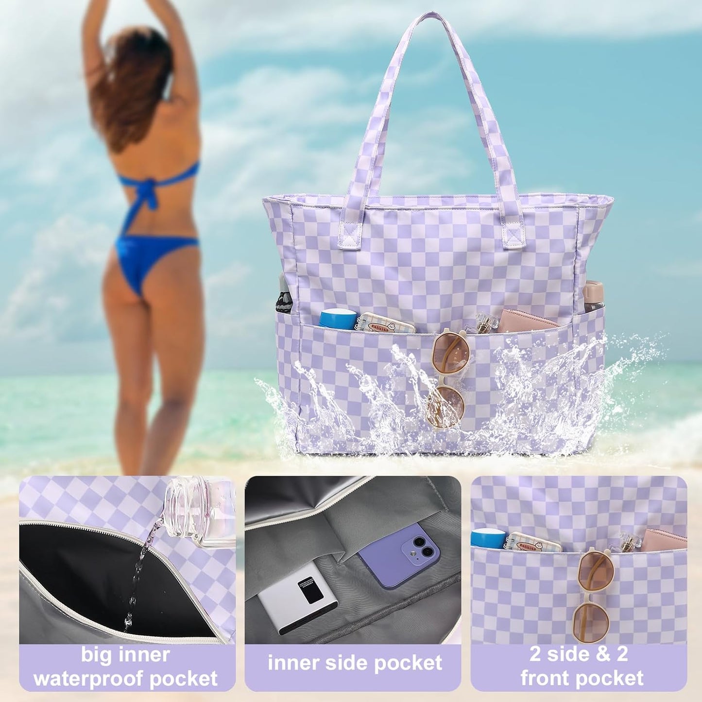 LEDAOU Large Beach Tote Bag Women Waterproof Sandproof Zipper Beach Tote Bag for Pool Gym Grocery Travel with Wet Pocket