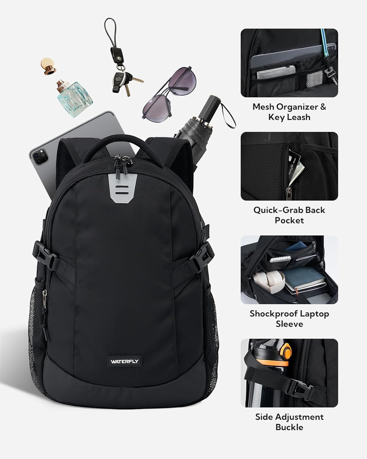 WATERFLY Small Casual Travel Backpack: 20L for Men Women Work Commuter Everyday EDC Daypack Hiking Gym Sport Workout Black