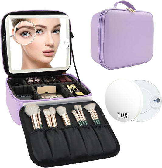 Travel Makeup Bag with LED Mirror and 10x magnifying glass with 3 Lighted Settings, Adjustable Dividers and Makeup Brush Storage Bag Purple