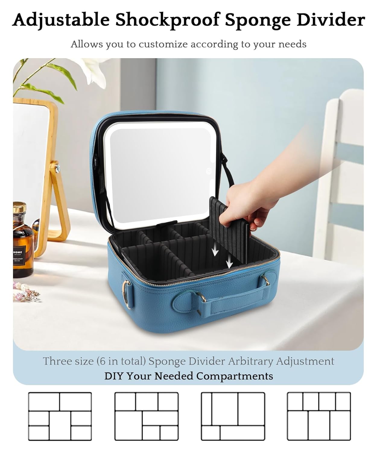 MOMIRA Travel Makeup Bag Cosmetic Bag with Lighted Mirror, Adjustable Brightness in 3 Color Scenarios/Detachable makeup mirror, All-round Upgrade, Waterproof, Gift for Women -Azure Blue