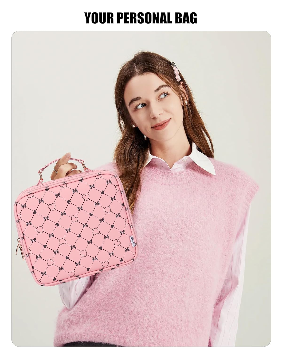 Relavel Travel Makeup Bag With LED Mirror, Compact Cosmetic Organizer Storage with Brush Compartment, 3 Colors in Adjustable Brightness, Adjustable Dividers, Make Up Train Case - Pink Bowknot