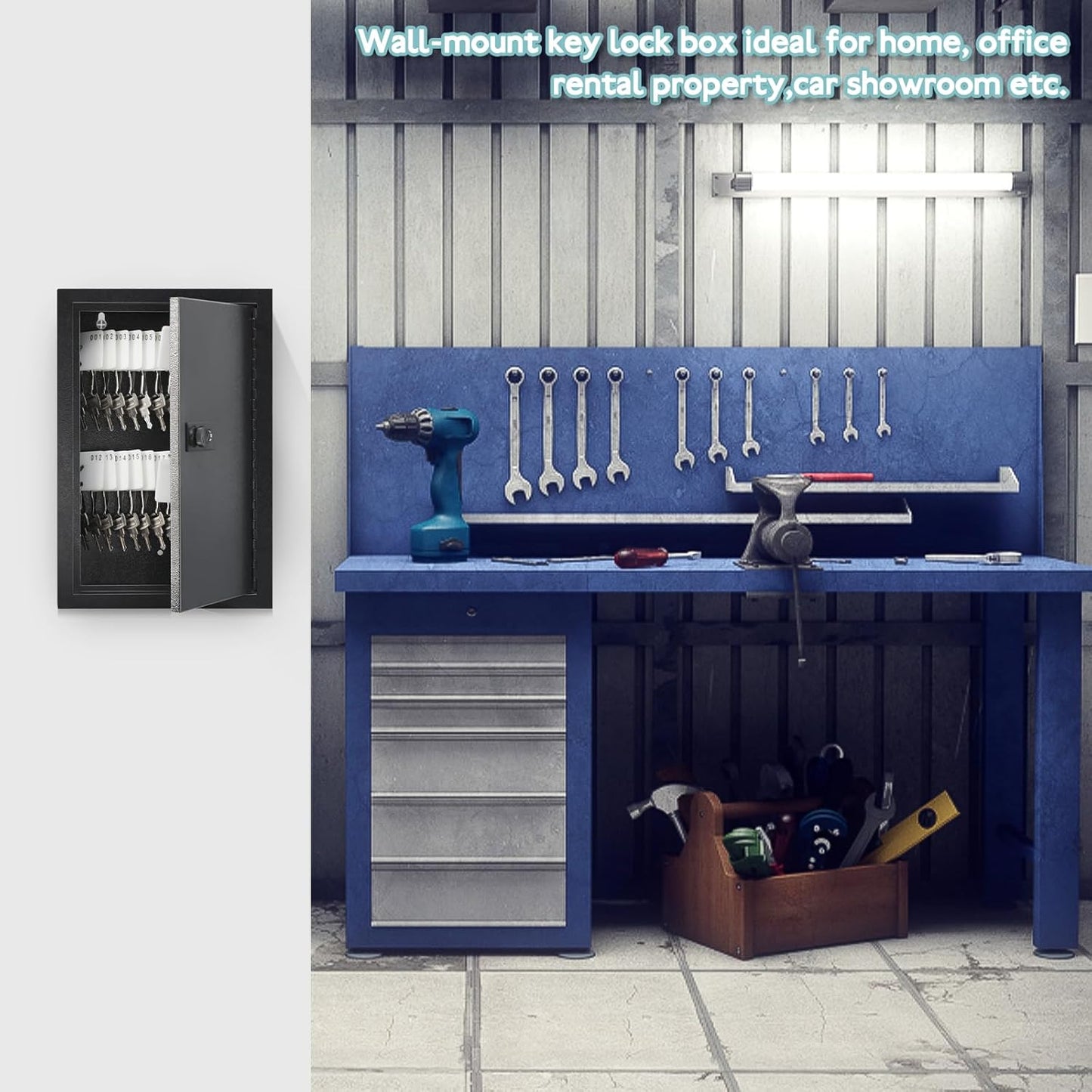 KYODOLED Locking Key Cabinet, 40 Key Storage Lock Box with Code, Key Box Wall Mount with Combination Lock, Key Hooks & Tags Key Labels, 2.5" D x 8" W x 12" H (Black,40 Key)