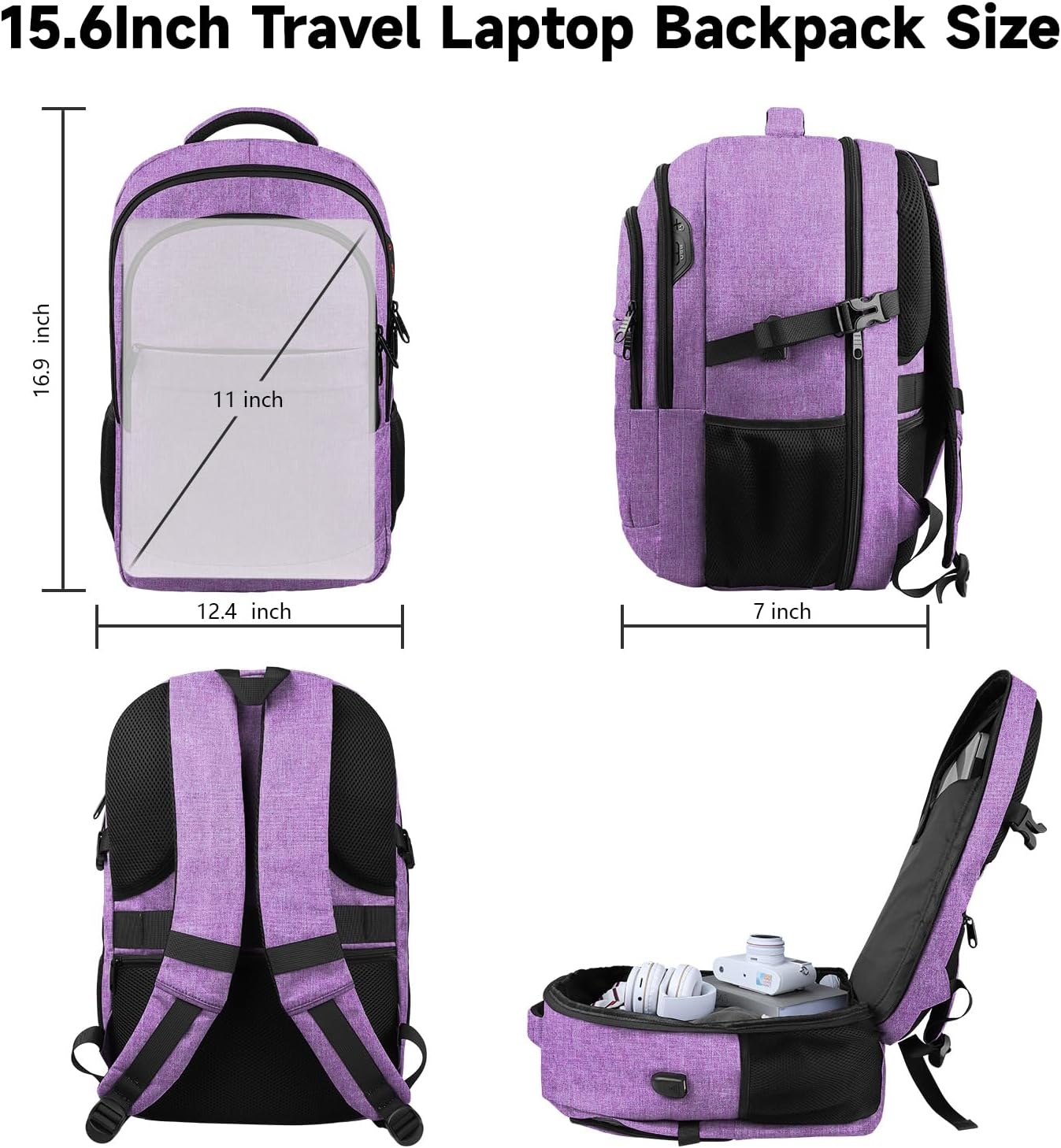 Lapsouno Travel Backpack, Travel Laptop Backpack, Multiple Pockets 15.6 Inch Carry on Backpack with USB Port, TSA Friendly Water Resistant College School Business Bag for Women, Purple