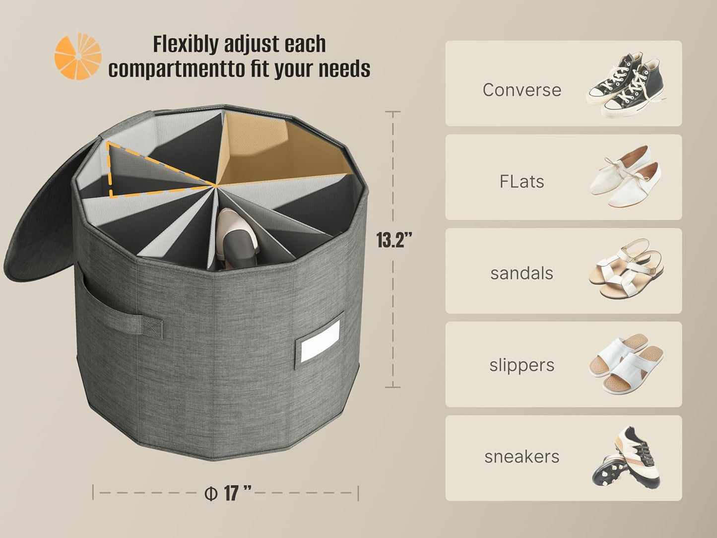 Vailando Shoe Organizer for Closet - Cylindrical Shoe Storage Organizer with Adjustable Dividers for Closet, Foldable Shoe Storage Box, Gray, 2-Pack, Large