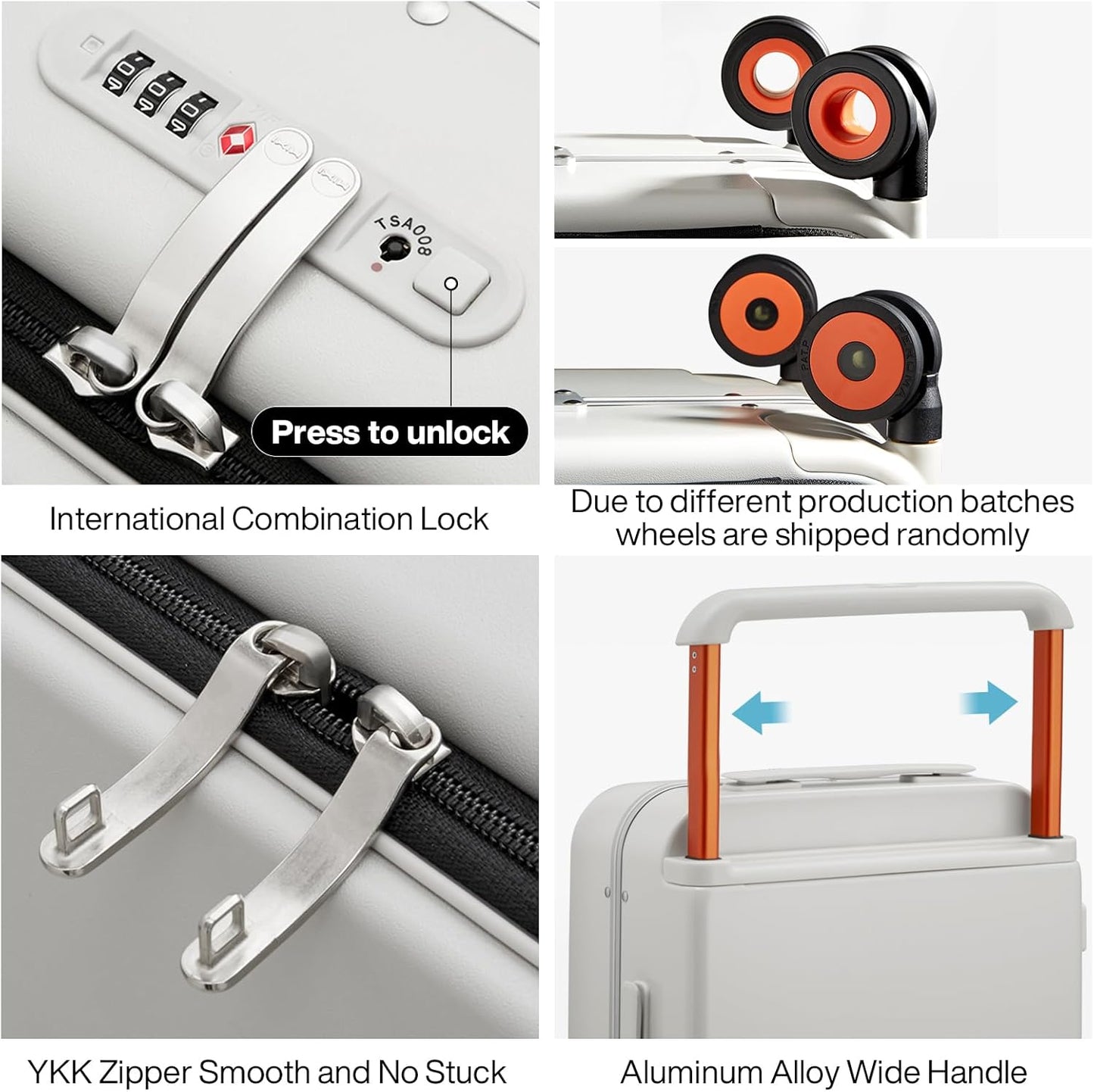 mixi Checked Luggage Wide Handle Luxury Design Rolling Travel Suitcase PC Hardside with Aluminum Frame Hollow Spinner Wheels, with Cover, 24 inch, Smoke White