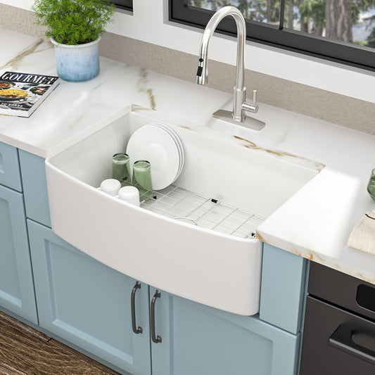 30 White Farm Sink - Fulorni 30"x19" Farmhouse Kitchen Sink Curved Apron Front Ceramic Porcelain Fireclay Single Bowl Farmer Style Basin