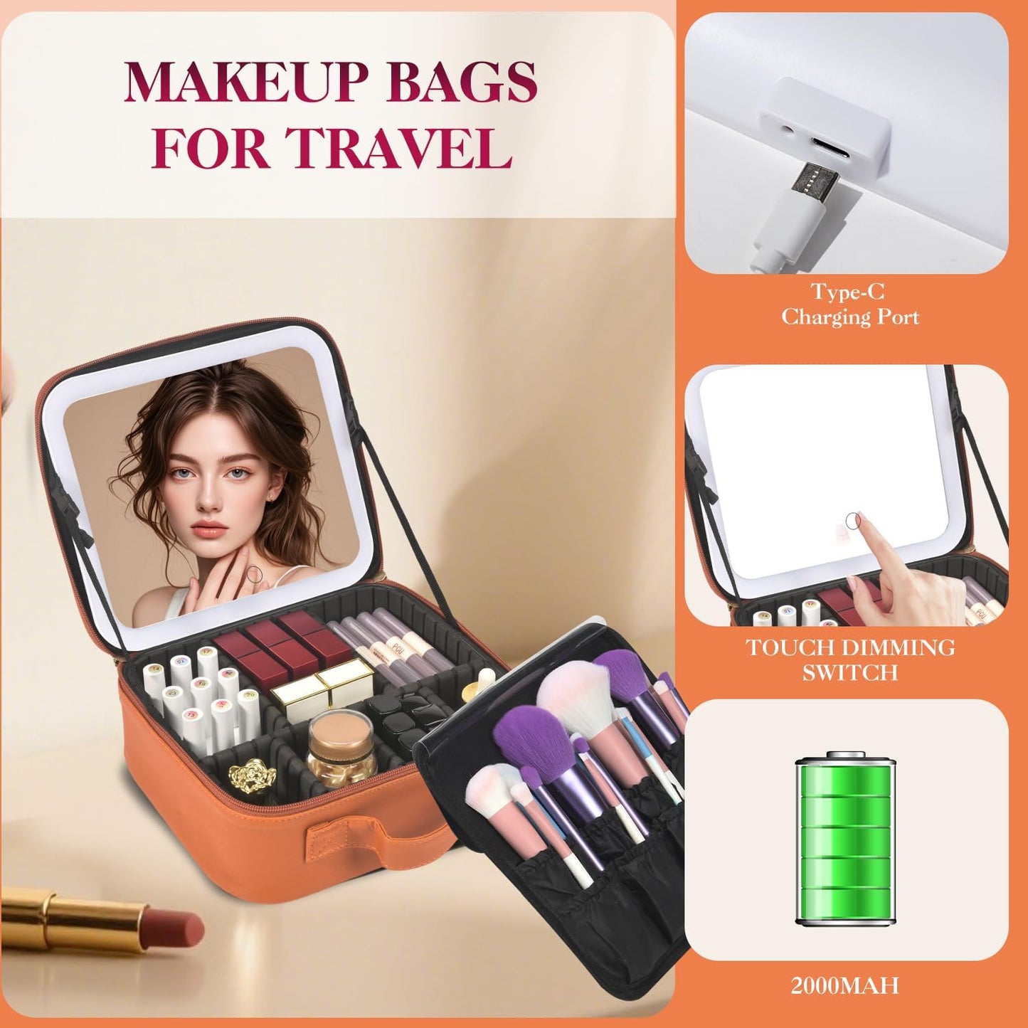 Travel Makeup Bag With LED Mirror,Makeup Travel Train Case with 3 Color Setting,Cosmetic Makeup Organizer Bag with Adjustable Dividers,Portable Make up Bag with Makeup Brush Holder Storage（Caramel）