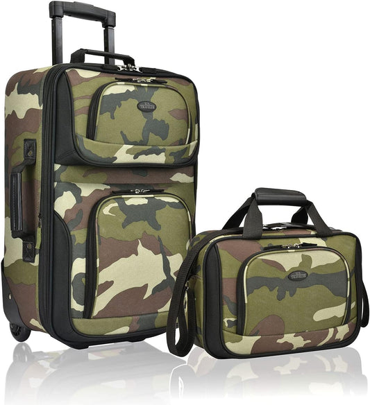 U.S. Traveler Rio Rugged Fabric Expandable Carry-on Luggage, Rolling Suitcase, Camouflage, 2 Wheel Set