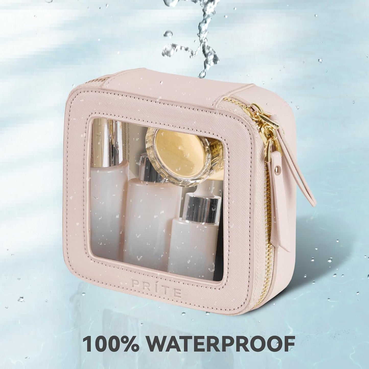 Prite Small Makeup Bag for Women Portable Clear Makeup Bag Cute Mini Waterproof Travel Cosmetic Bag with Gold Zipper for Car Essentials(Pearlescent Pink)