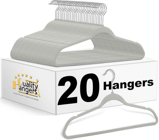 Quality 20 Pack Hangers - Heavy Duty Coat & Closet Hangers - Plastic, Non-Velvet, Chrome Swivel Hook, Space-Saving, Non-Flocked, Gray