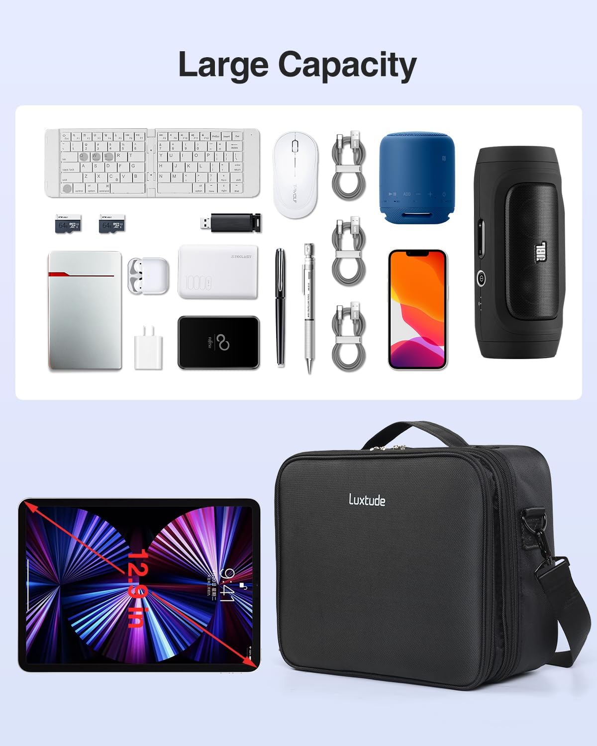 Luxtude Electronic Organizer Travel Case Large, Double Layer Tech Carrying Case, Cord Organizers Travel, Cable Organizers Bag, Large Charger Bag, Home Electronics Case Fits for iPad (Up to 12.9 in)