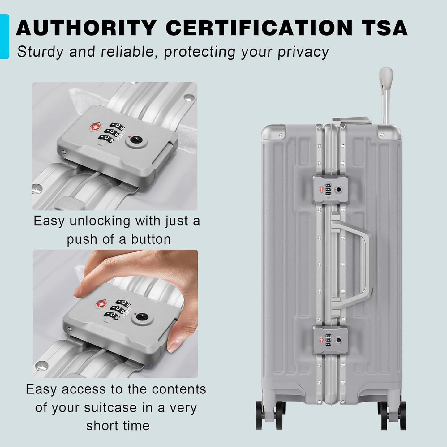 AnyZip Luggage PC+ABS Aluminum Frame Zipperless Checked Luggage Hard Shell Suitcase with TSA Lock Double Spinner Wheels 24 Inch Silver