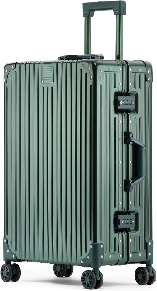 Metal All Aluminum Carry-on Luggage TSA Customs Lock Zipperless Silent Rotary Wheel Business Suitcase Aluminum Frame Set (dark green, 26 '')