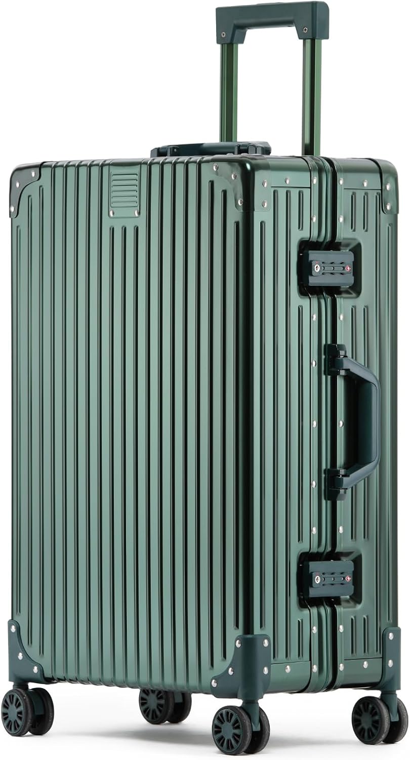 Metal All Aluminum Carry-on Luggage TSA Customs Lock Zipperless Silent Rotary Wheel Business Suitcase Aluminum Frame Set (dark green, 28 '')