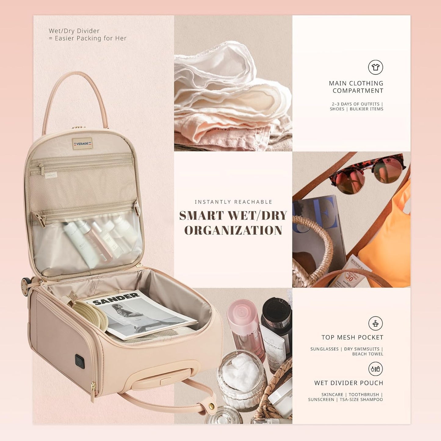 Verage 18x14x8in Spinner Underseat Carry-On Luggage -Airplane Personal Item Bag, USB A&C Charging Port, Padded Laptop Pocket & Wet/Dry Compartments for Women, Blush Pink