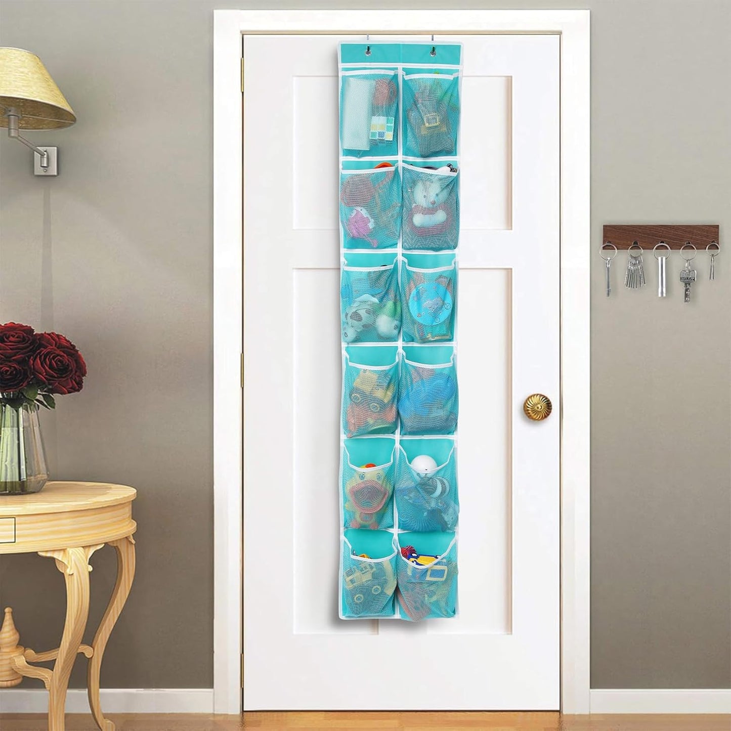 Over the Door Hanging Shoe Organizer, 12 Pockets, Turquoise
