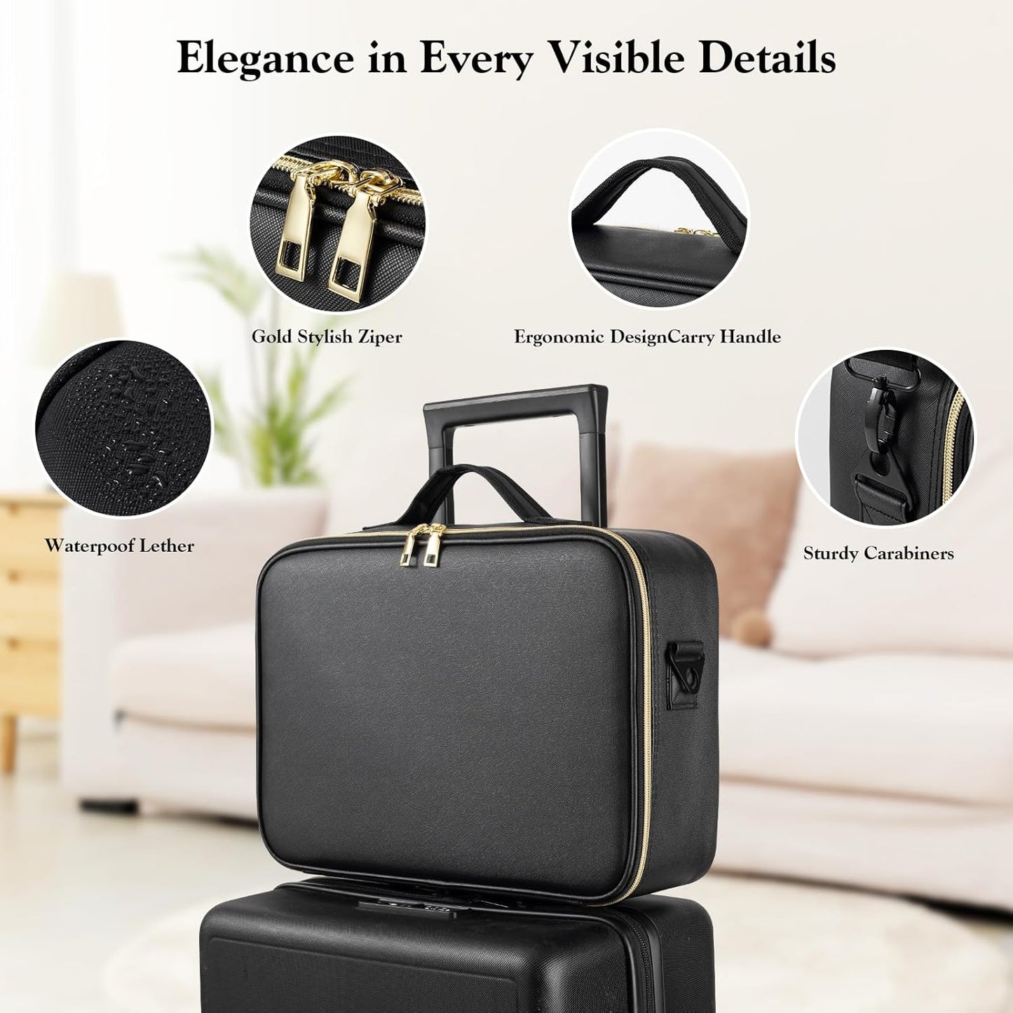 Extra Large Makeup Bag with LED 1X5X10X20X30X Magnifying Mirror and Travel Makeup Train Case Cosmetic Organiser with Mirror and Separate Makeup Brush Panel, Portable Adjustable Divider,Black-XL