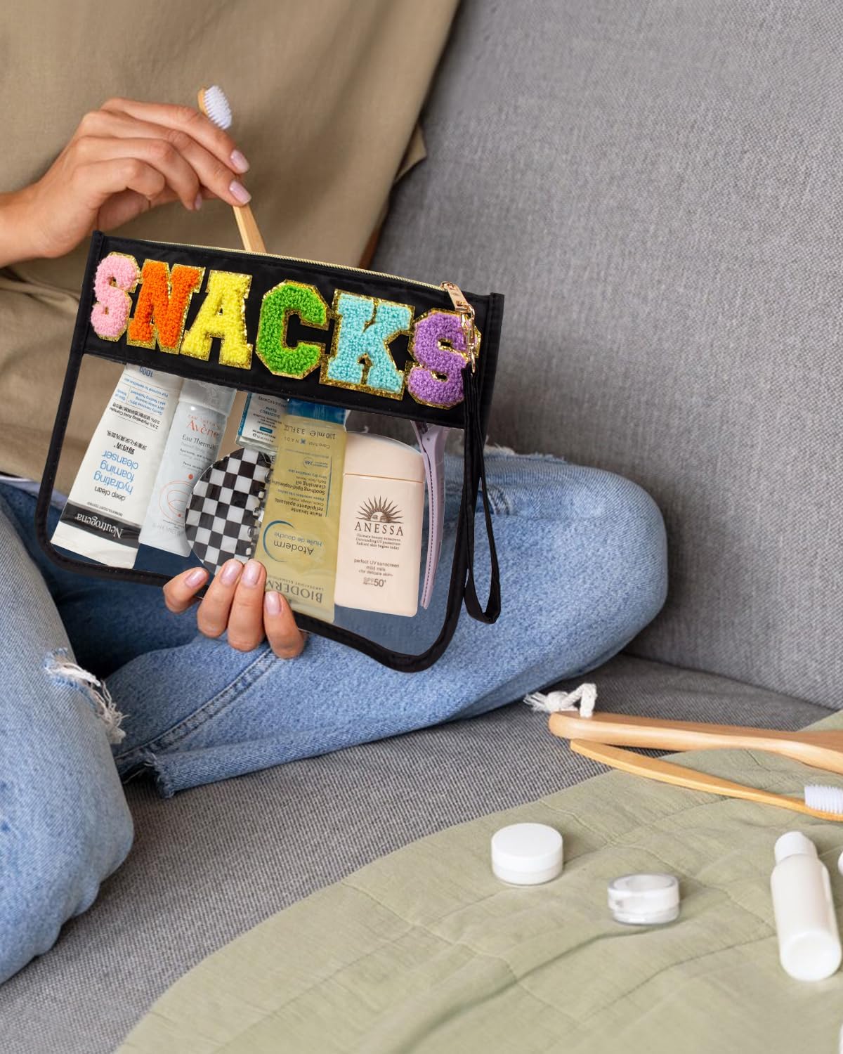 2 Pcs Snack Pouch Chenille Letter Clear Zipper Snack Bag, Nylon Snack Pouch for Travel Clear Makeup Bag Small Cosmetic Bag for Purse Snack Bags for School Waterproof Toiletry Bag