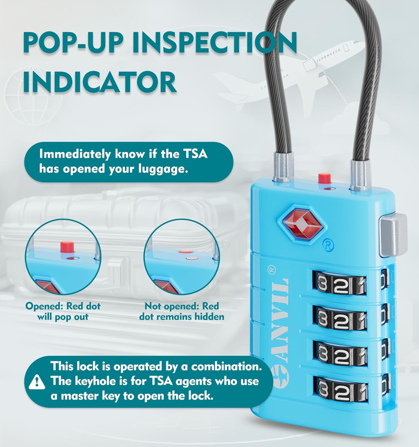 ANVIL 4 Digit Luggage Locks, TSA Locks for Luggage, Advanced TSA008 core, Alert Indicator for Your Travel Lock, Suitcase Lock. (3, Blue)