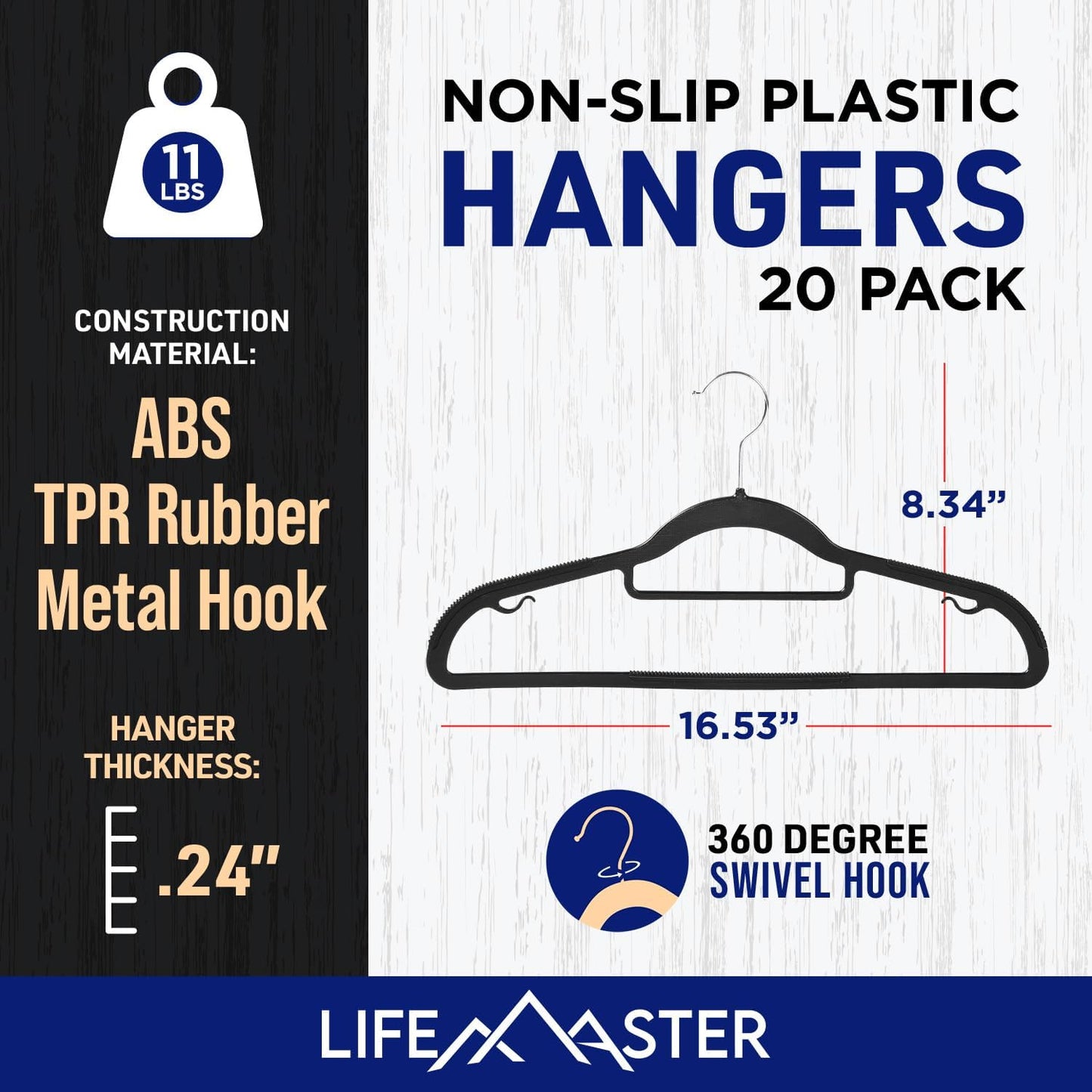 Lifemaster Versatile Clothes Hanger Set - 20 Pieces Space-Saving Dry and Wet Clothes Hanger Set with 360° Swivel Hook and Non-Slip Rubber Design - Black