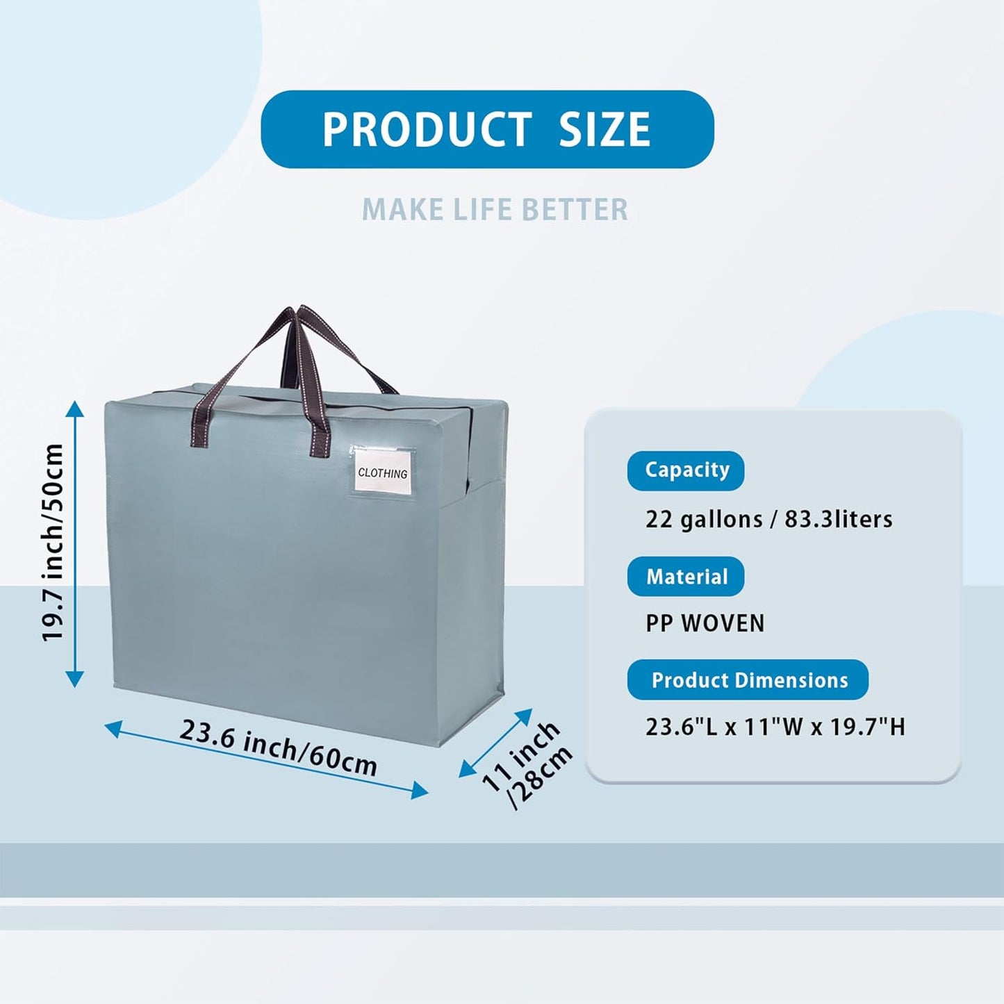 VENO 4 Pack Heavy Duty Moving Bags, Storage Bags, Packing Supplies, Top Zipper, Storage Totes for Camping, Clothes, Bedding, Comforters, Pillows (22 Gallon Light Blue, 4 Pack)