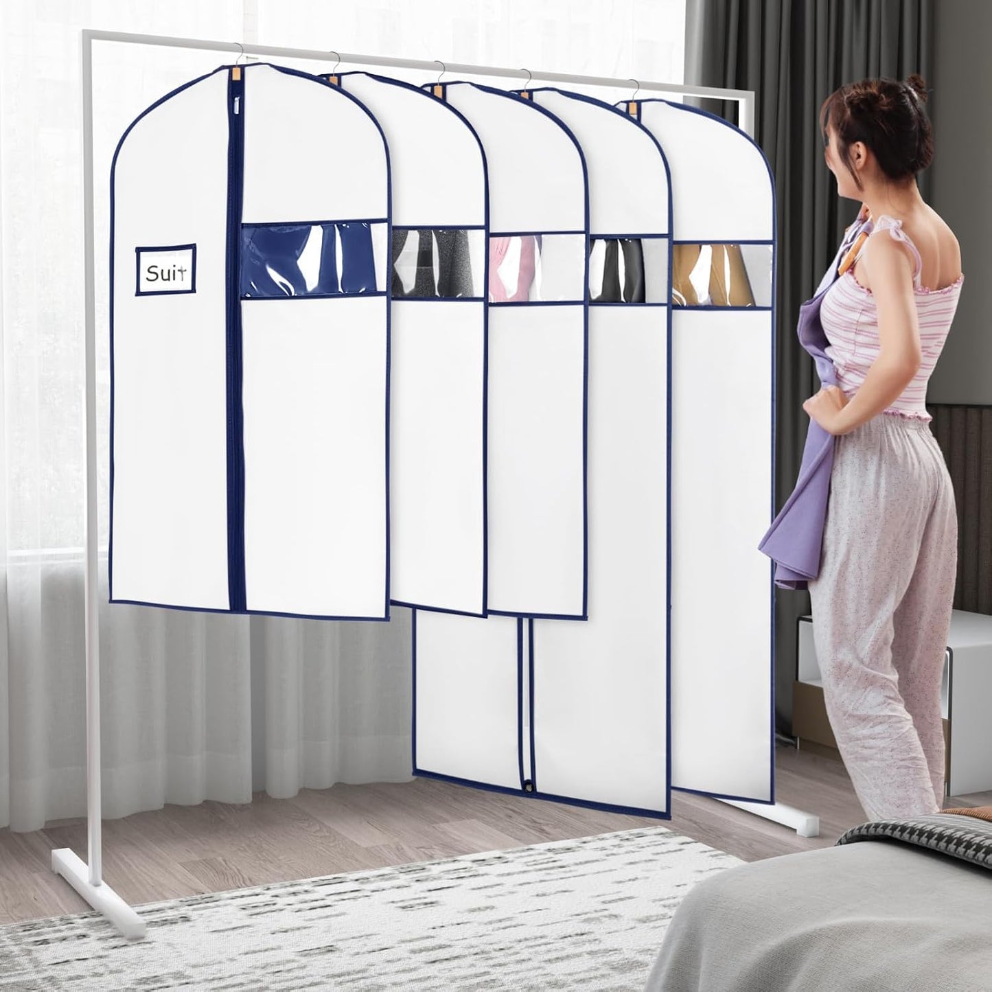 Syeeiex 60'' Garment Bags for Hanging Clothes, Set of 8 Dress Bags for Gowns, Dress Garment Bags for Gowns,Evening Dresses,Fur Coat,Long Dress(White & Dark Blue)