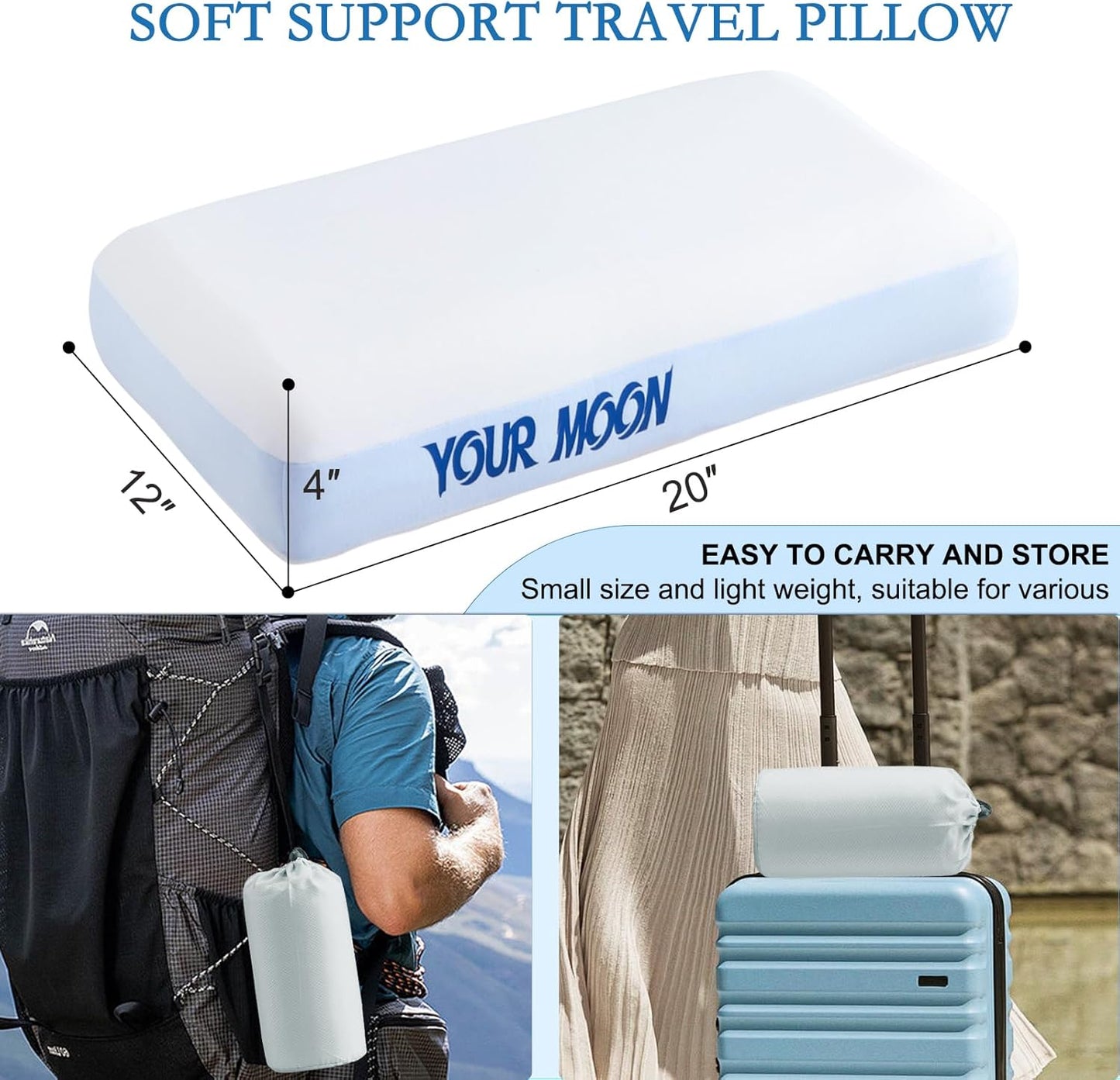 YOUR MOON Memory Foam Travel Pillow, Pure Cotton Cover, Compressible Camping Pillow for Sleeping, Portable Backpacking Support Pillows for Hiking, Car & Airplane (White Blue)
