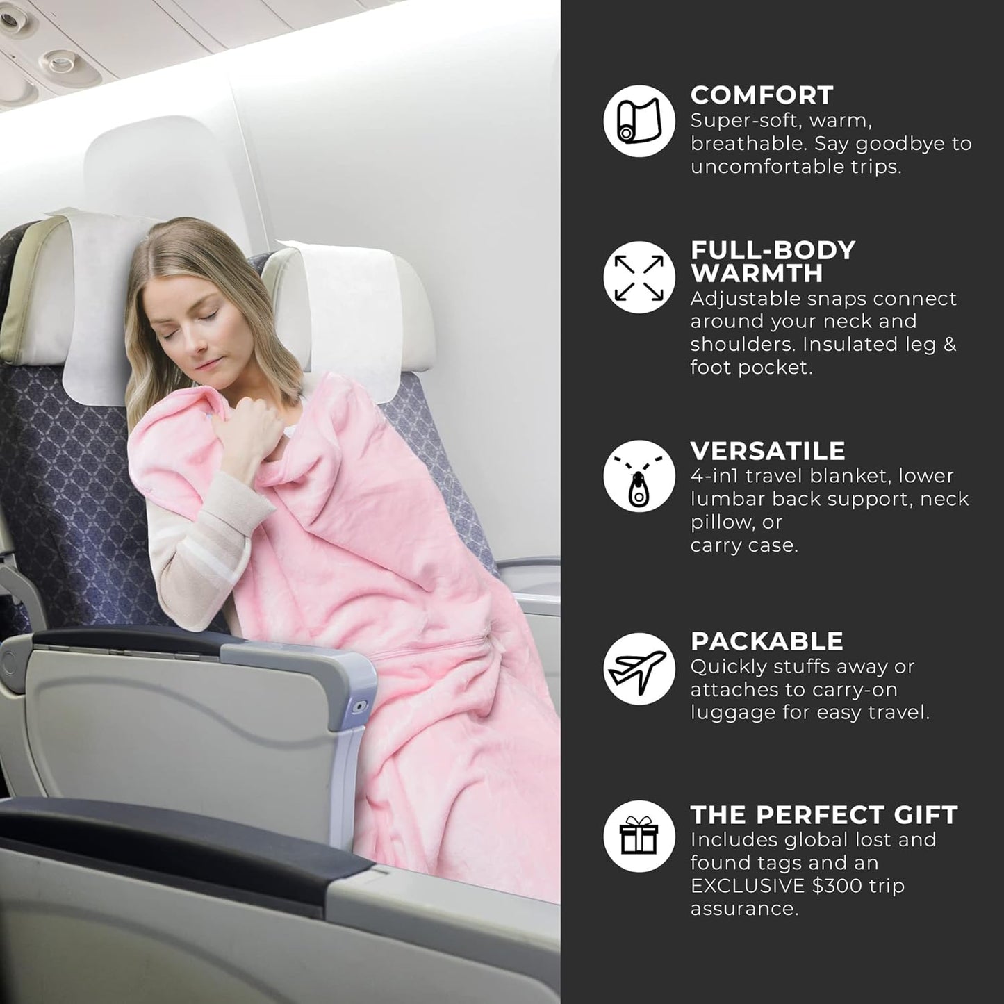 Lightweight Travel Blanket - Premium & Compact Airplane Wearable Blanket with Neck Snaps, Cozy Foot Pockets, Zipper Pouch - Converts into Soft Pillow - Designed for Ultimate Comfort - Rose