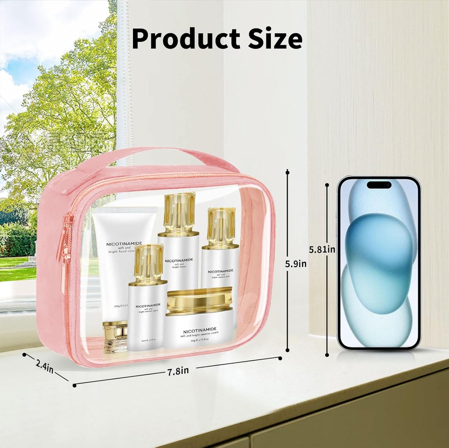 TSA Approved Travel Toiletry Bag,3 Pack Clear Makeup Bags with Handles,Quart Size Clear Cosmetic Bags for Traveling Women,Men,Carry on Airport Airline Compliant Bag,Pink