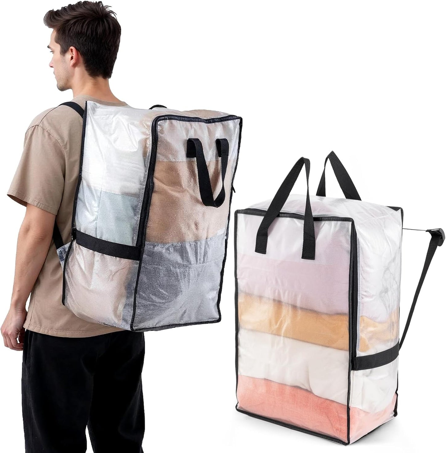 TAILI 2 Pack Clear Moving Bags w/Adjustable Backpack Straps, Moving Supplies, Moving Boxes Alternative, Heavy Duty Storage Totes for College Packing, Camping Backpack for Travel, Dorm, Laundry