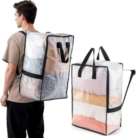 TAILI 2 Pack Clear Moving Bags w/Adjustable Backpack Straps, Moving Supplies, Moving Boxes Alternative, Heavy Duty Storage Totes for College Packing, Camping Backpack for Travel, Dorm, Laundry
