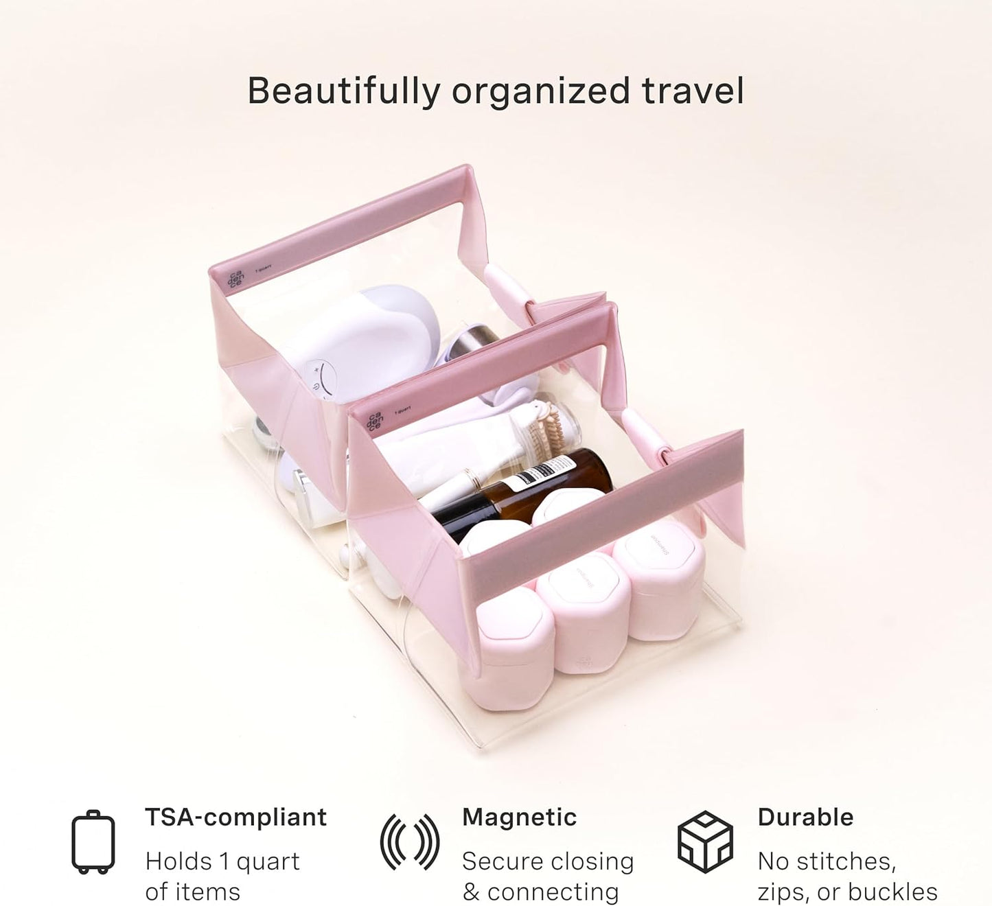 Cadence Parcel - Clear Kit with Magnetic Closure - Durable and Leak-Resistant Travel Toiletry Kit - TSA-Compliant & Modular Design - Hygiene Bag for Travel Essentials - 1 Qt - Rose