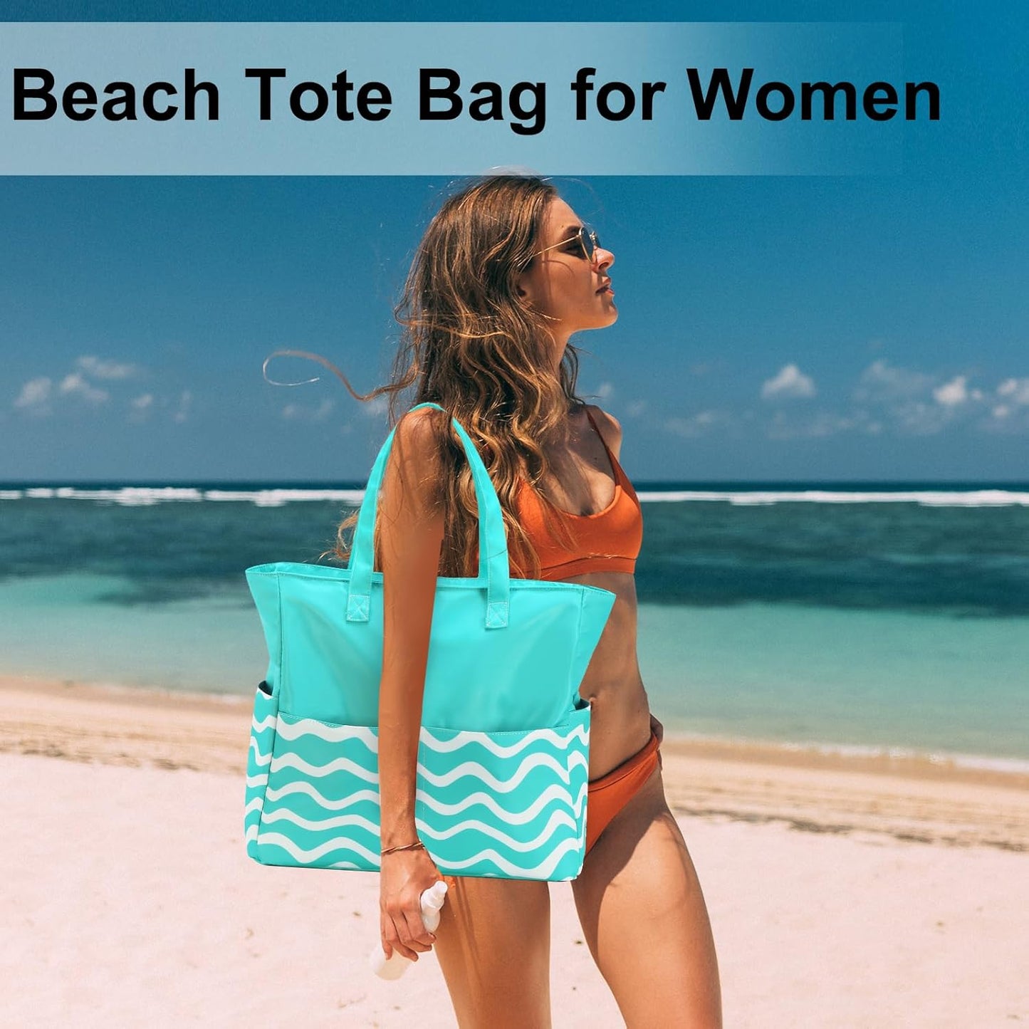 LEDAOU Beach Bag Waterproof Sandproof Women Tote Bag Pool Bag with Zipper for Gym Grocery Travel with Wet Pocket