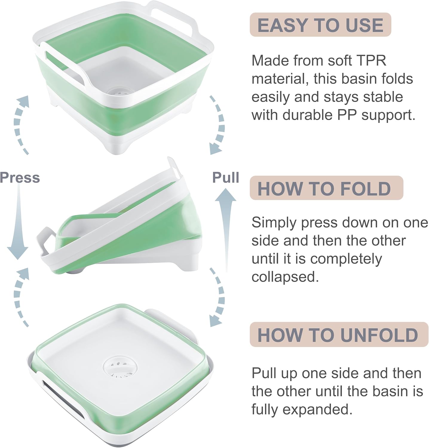 2.4 Gal(9L) Collapsible Dish Basin with Drain Plug - Multiuse Foldable Wash Basin for Baby Bottles, Space-Saving Multiuse Dish Tub, Kitchen Sink for Camping, Dishes Washing, RV (Green)